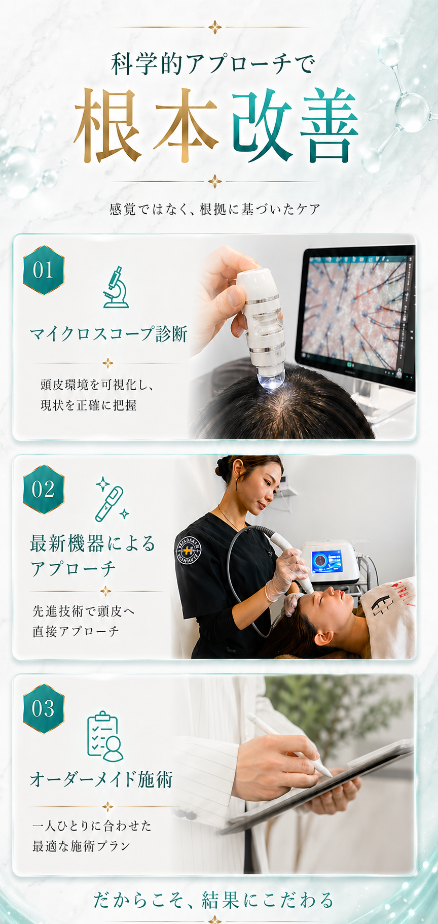 科学的アプローチで根本改善 — マイクロスコープ診断／最新機器によるアプローチ／オーダーメイド施術